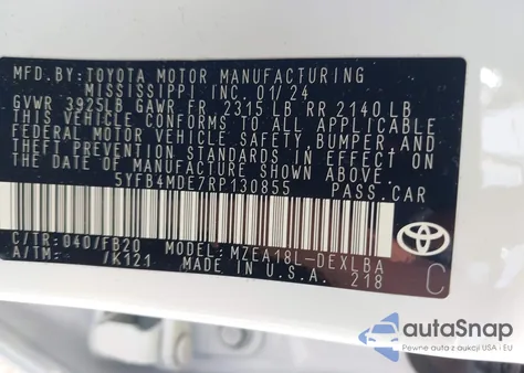 2024 Toyota Corolla Le z USA, uszkodzony, nr VIN 5YFB4MDE7RP130855